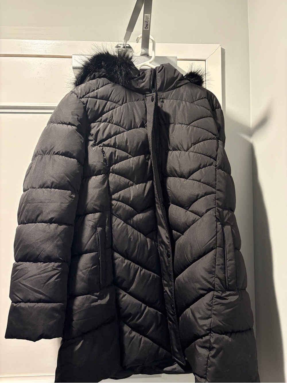 Women’s Black Quilted Long Puffer Coat with Faux Fur Trimmed Hood